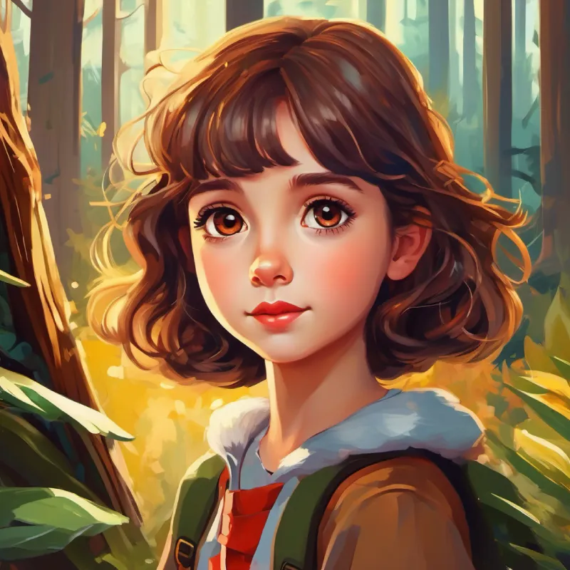 Forest setting becomes more vivid, Curious girl, wild brown hair, brown eyes, adventurous spirit feels observed
