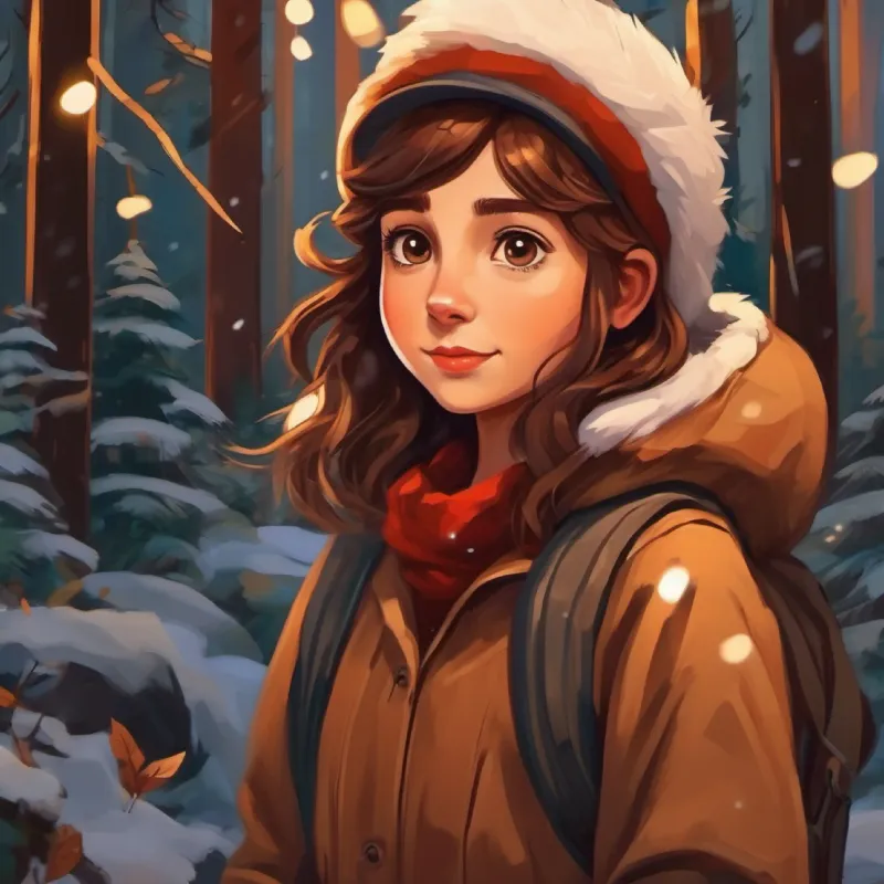 The forest seems to communicate with Curious girl, wild brown hair, brown eyes, adventurous spirit