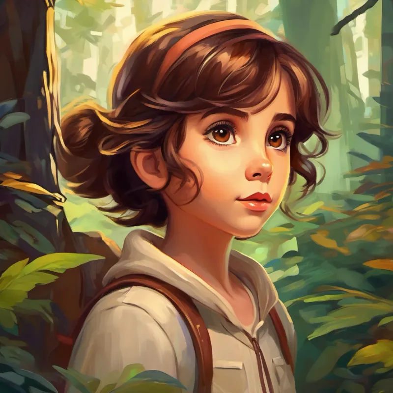 Curious girl, wild brown hair, brown eyes, adventurous spirit reveals her motive to the whispering forest