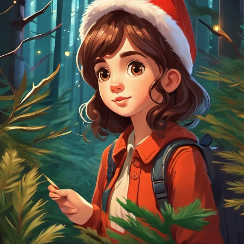 The forest reveals a secret to Curious girl, wild brown hair, brown eyes, adventurous spirit