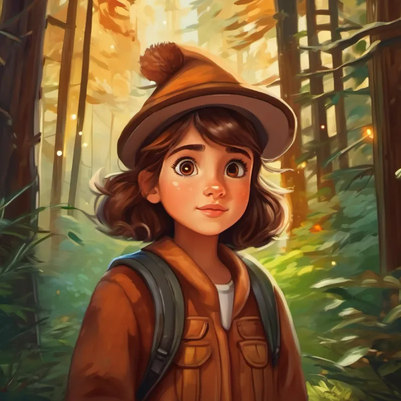 Curious girl, wild brown hair, brown eyes, adventurous spirit learns the truth about the forest's nature