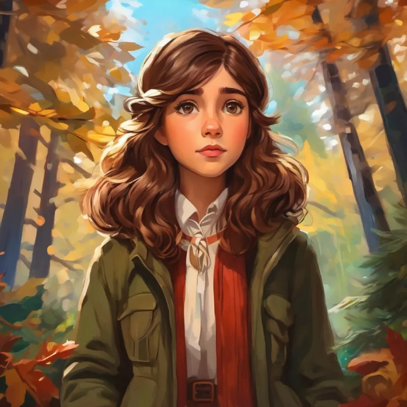 The forest questions Curious girl, wild brown hair, brown eyes, adventurous spirit's intentions about revealing the secret