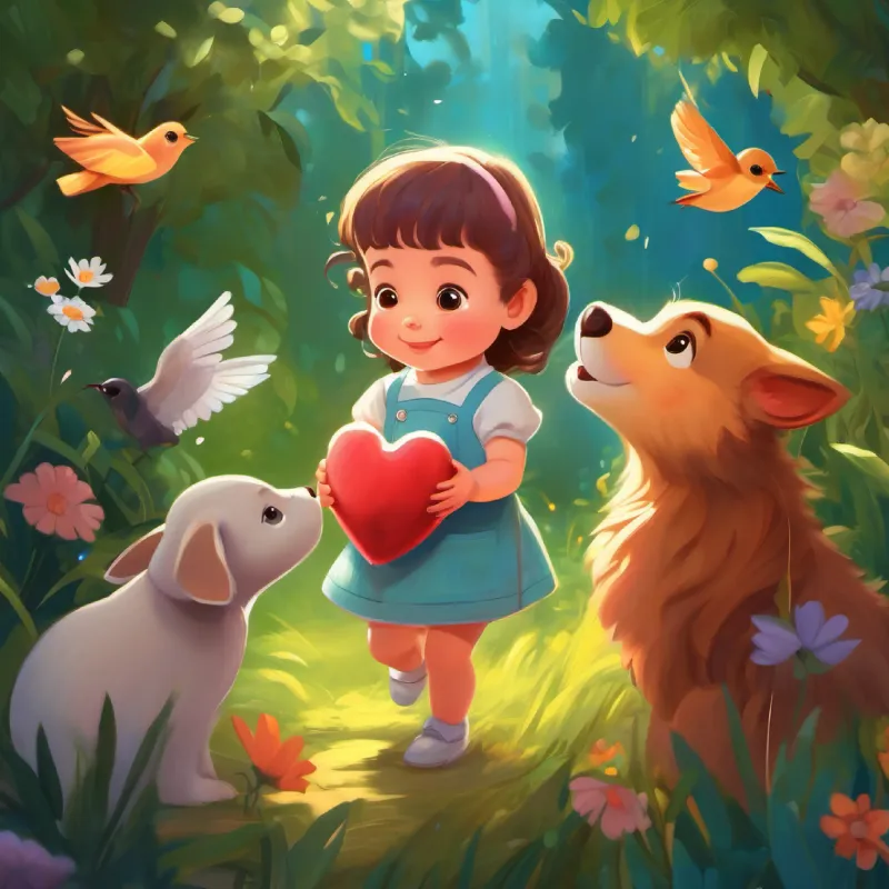 A baby girl with a heart full of love, light skin, and bright eyes playing with animals, interacting with nature.