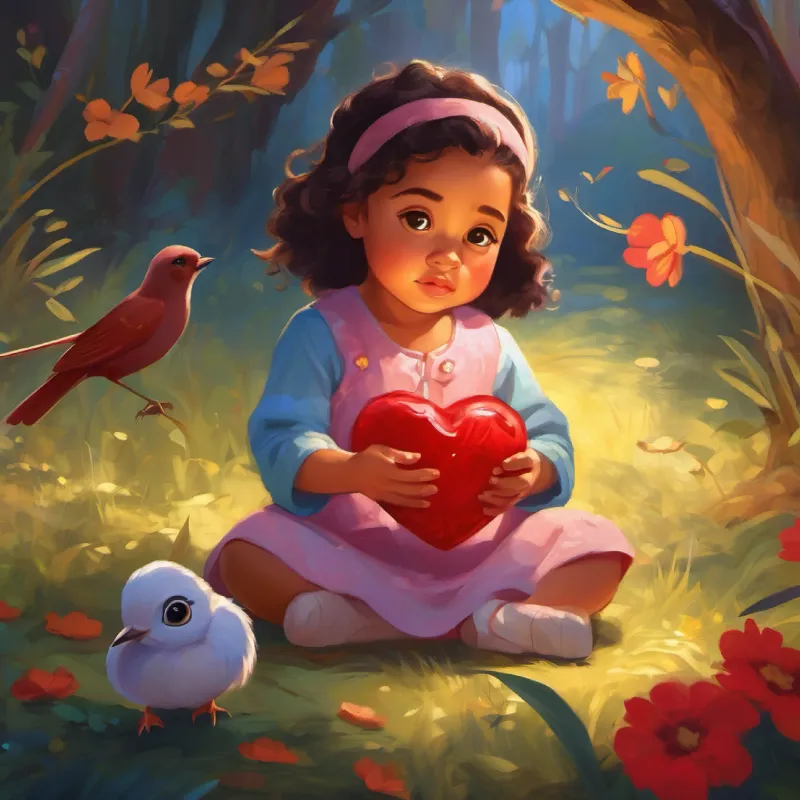 A baby girl with a heart full of love, light skin, and bright eyes finds a wounded bird, shows compassion.