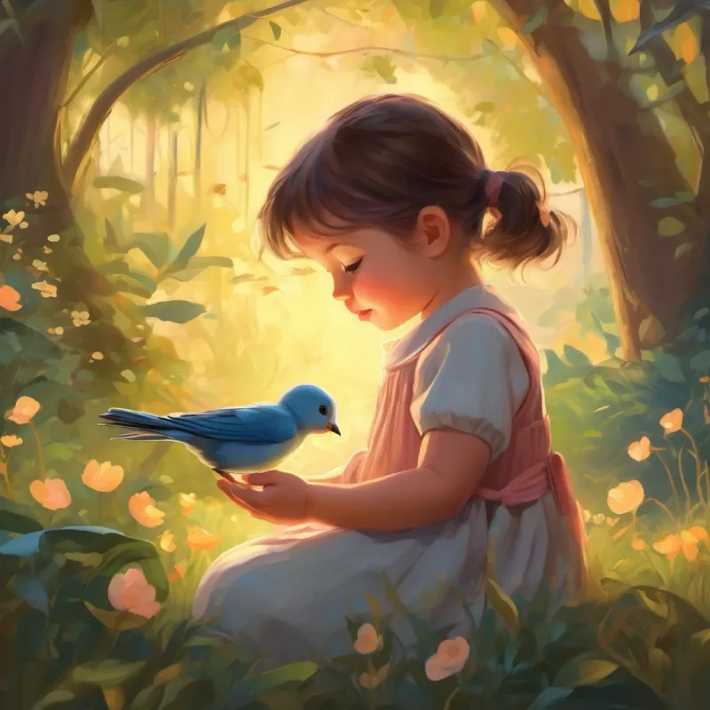 A baby girl with a heart full of love, light skin, and bright eyes caring for the bird, begins to understand its chirps.