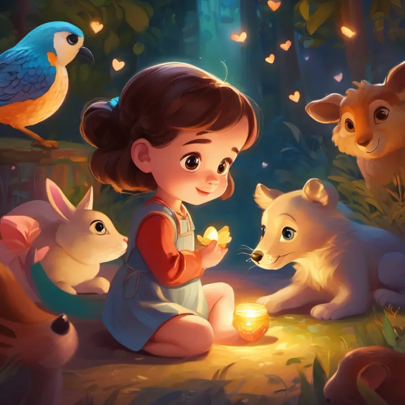 A baby girl with a heart full of love, light skin, and bright eyes communicates with various animals, learns about them.