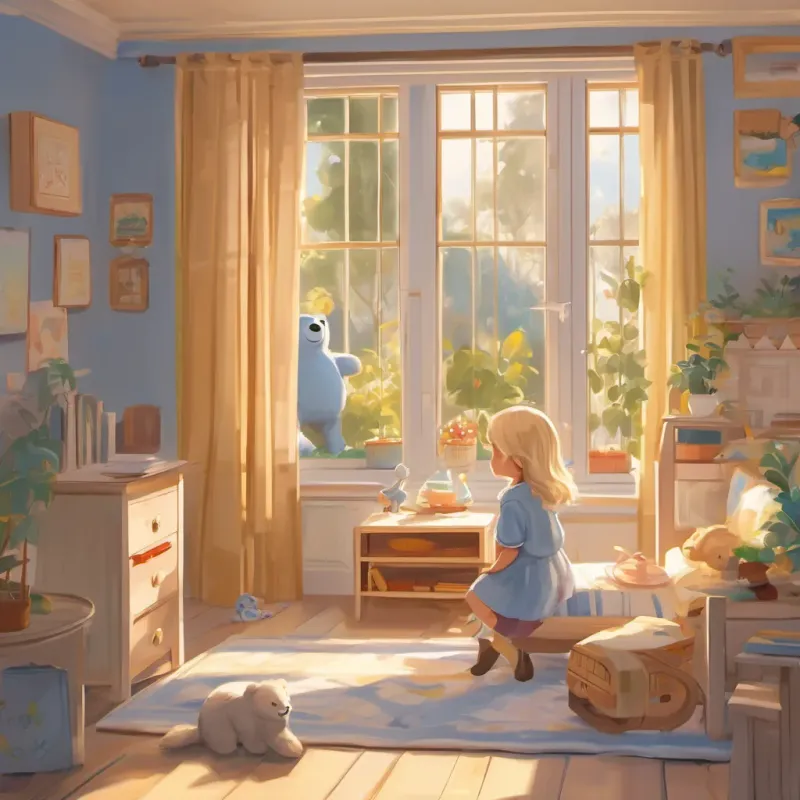 A cozy bedroom with a little girl with blond hair, named A little girl with blond hair, full of joy and energy, dressed in a cute dress with a big blue bear on it, in various school and play settings, waking up with the sun shining through the window, casting a golden glow.