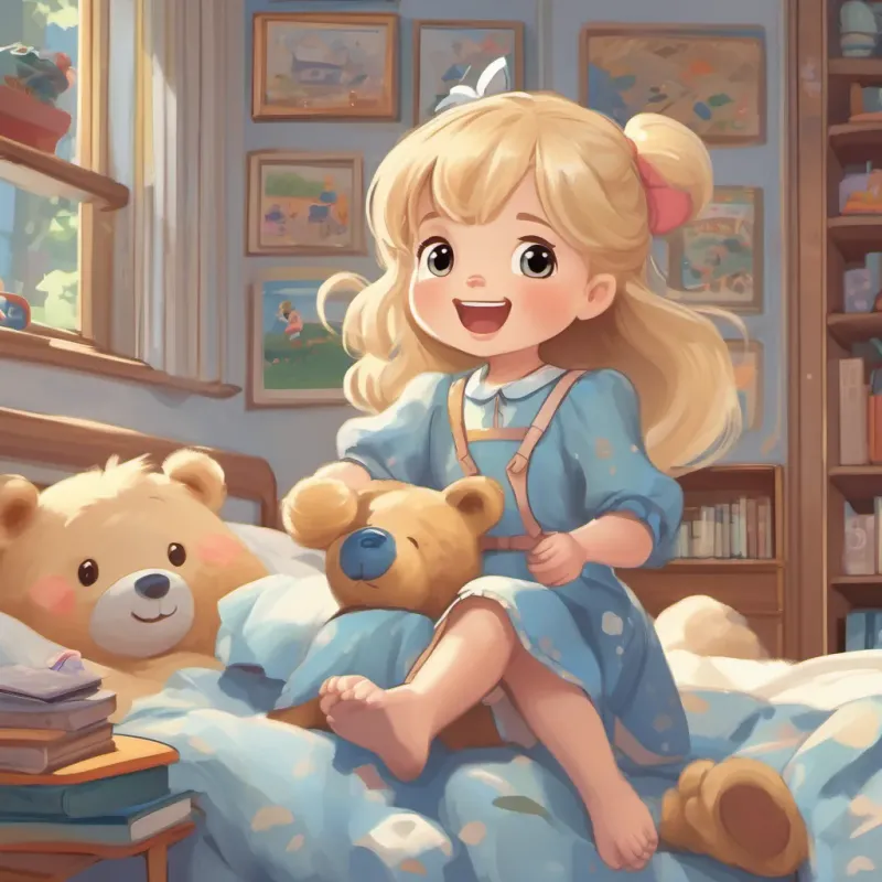 A little girl with blond hair, full of joy and energy, dressed in a cute dress with a big blue bear on it, in various school and play settings cheerfully hopping out of bed, her blond hair bouncing, with an excited expression on her face.