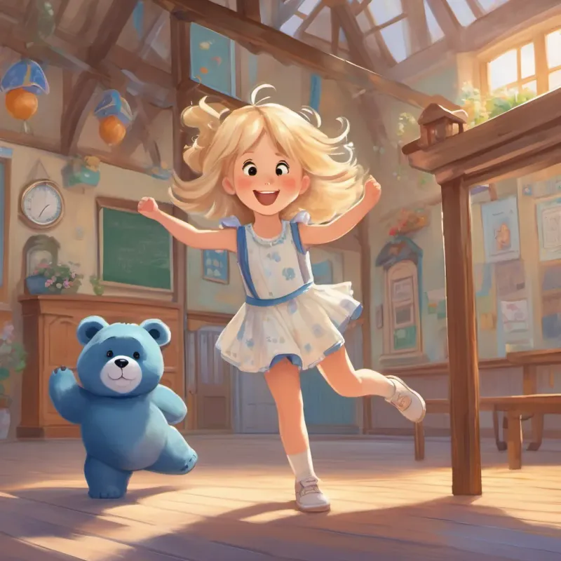 A little girl with blond hair, full of joy and energy, dressed in a cute dress with a big blue bear on it, in various school and play settings performing a handstand outside the school as she cheerfully declares her great day.