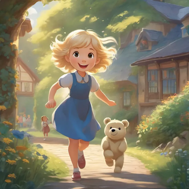 A little girl with blond hair, full of joy and energy, dressed in a cute dress with a big blue bear on it, in various school and play settings happily skipping home, her school in the background, radiating joy.