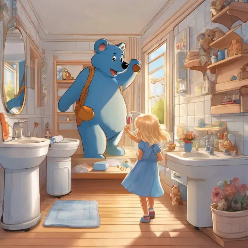 A little girl with blond hair, full of joy and energy, dressed in a cute dress with a big blue bear on it, in various school and play settings standing in front of a bathroom mirror, brushing her teeth, and then combing her hair, donning a dress with a big blue bear on it.