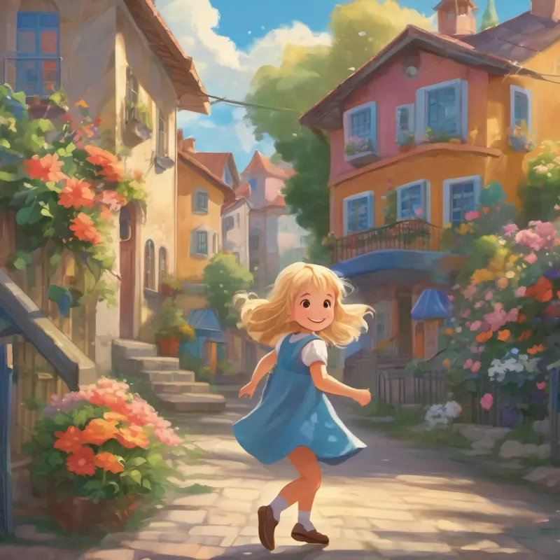 A little girl with blond hair, full of joy and energy, dressed in a cute dress with a big blue bear on it, in various school and play settings happily skipping down the sidewalk on her way to school, surrounded by colorful houses and flowers.