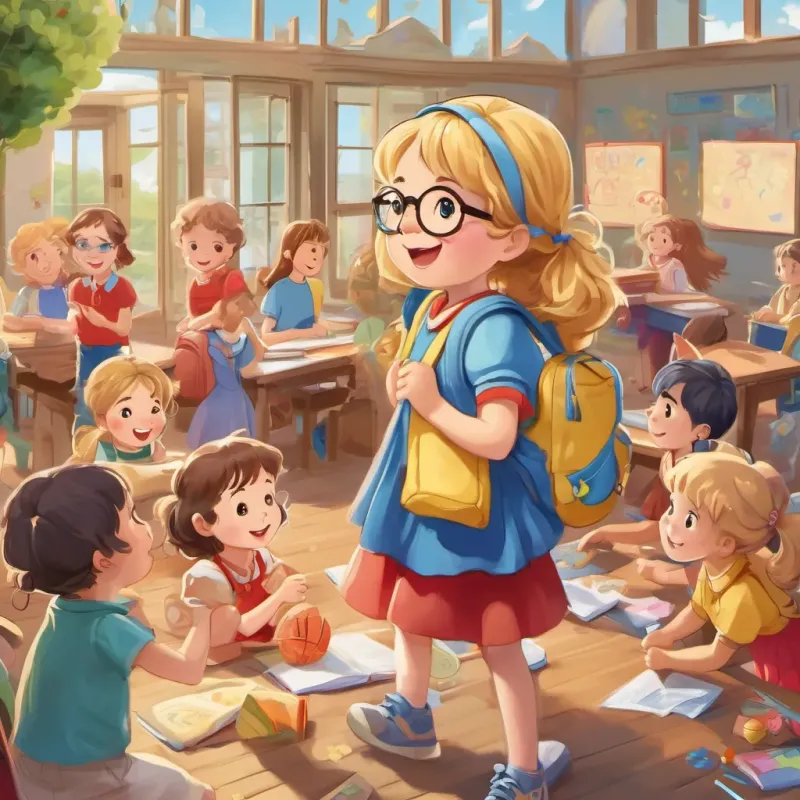 A little girl with blond hair, full of joy and energy, dressed in a cute dress with a big blue bear on it, in various school and play settings meeting her friends, A cheerful boy with curly brown hair, wearing a red shirt and jeans, participating in school activities and playing with friends and A bubbly girl with pigtails and glasses, wearing a yellow dress, involved in classroom learning and playground fun, in the schoolyard, all three laughing and playing together.
