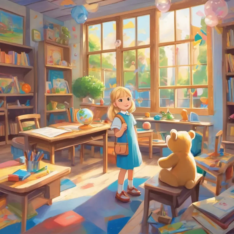 The classroom filled with colorful drawings and students, including A little girl with blond hair, full of joy and energy, dressed in a cute dress with a big blue bear on it, in various school and play settings, busily creating bright and cheerful artwork.