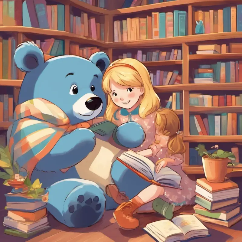 Students, including A little girl with blond hair, full of joy and energy, dressed in a cute dress with a big blue bear on it, in various school and play settings, sitting in a cozy reading corner of the classroom, surrounded by bookshelves and happily reading vibrant storybooks.