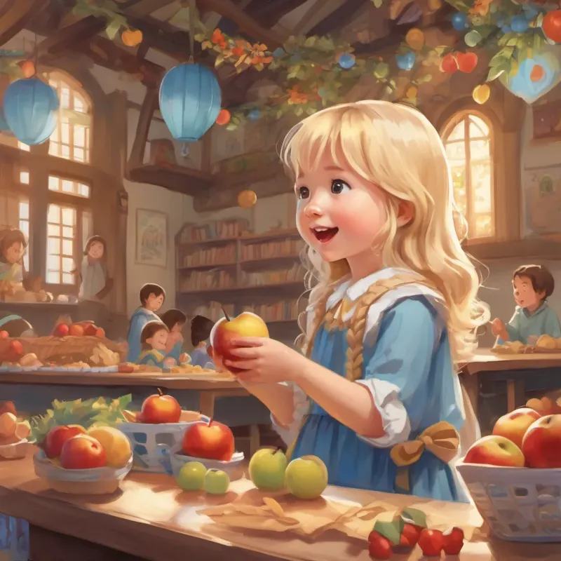 A little girl with blond hair, full of joy and energy, dressed in a cute dress with a big blue bear on it, in various school and play settings and her classmates enjoying a snack break, singing, and munching on apples.