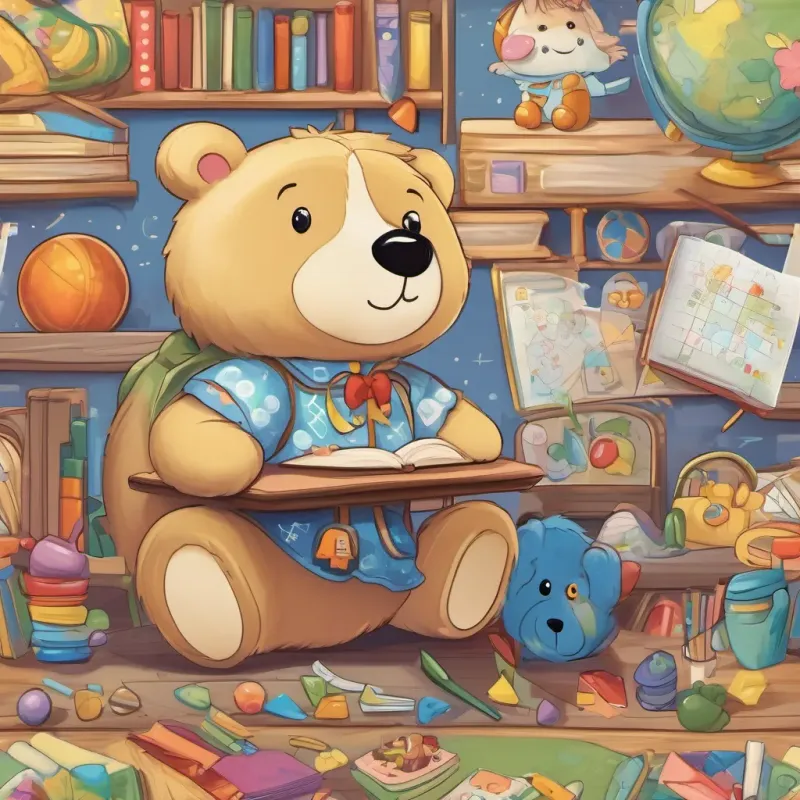 A little girl with blond hair, full of joy and energy, dressed in a cute dress with a big blue bear on it, in various school and play settings engaged in a math lesson with lively, colorful numbers on the board, enjoying the playful approach to learning math.