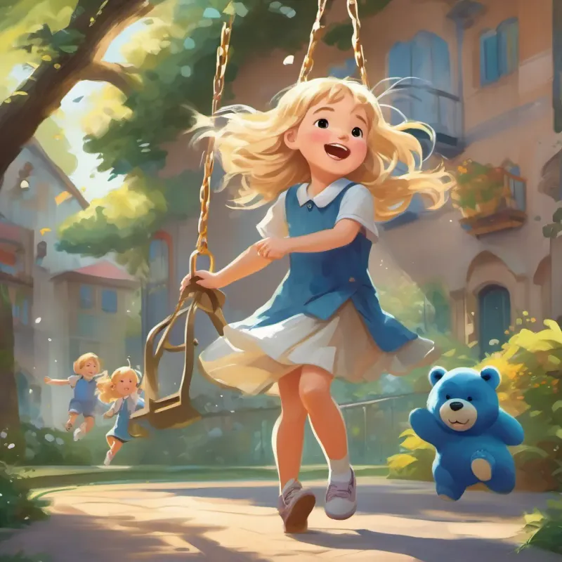 A little girl with blond hair, full of joy and energy, dressed in a cute dress with a big blue bear on it, in various school and play settings playing on the school playground, swinging and sliding, with laughter filling the air.