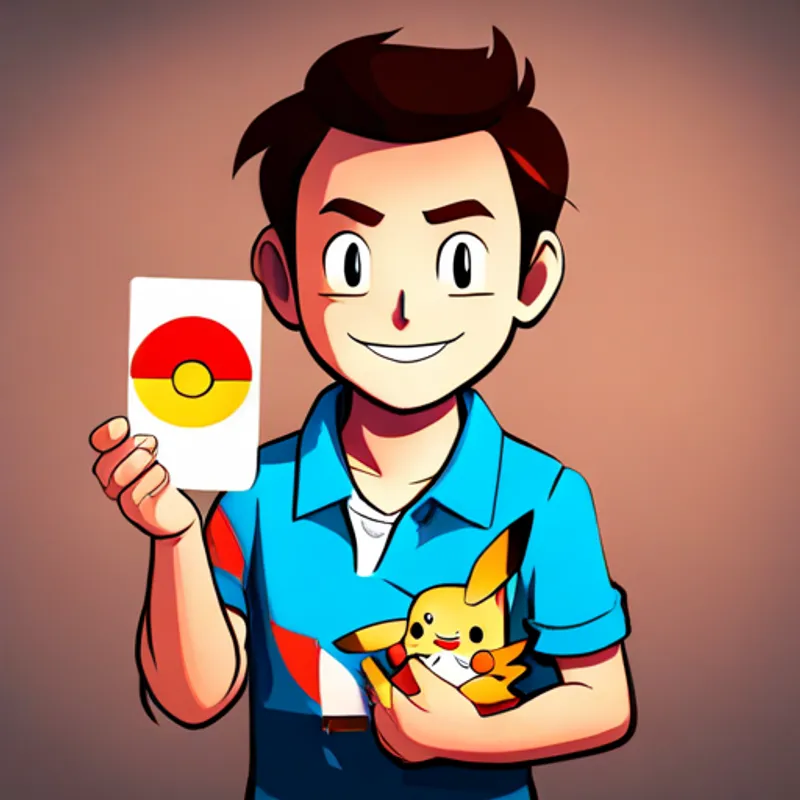 Happy boy with brown hair and blue shirt with a big smile holding a Fiery red and white Pokémon with a determined expression card