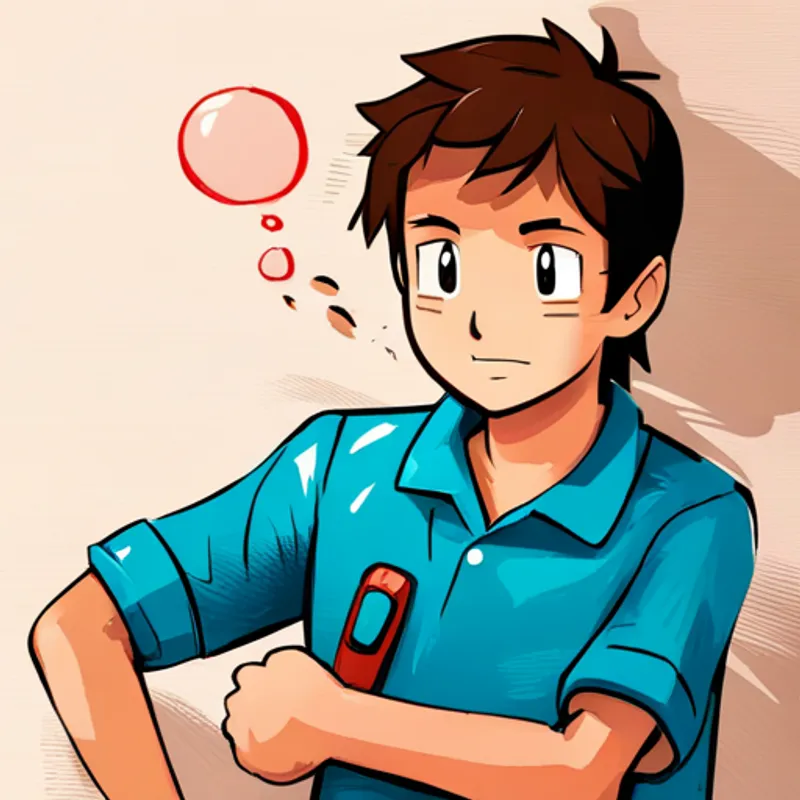 Happy boy with brown hair and blue shirt talking to Fiery red and white Pokémon with a determined expression with a thought bubble