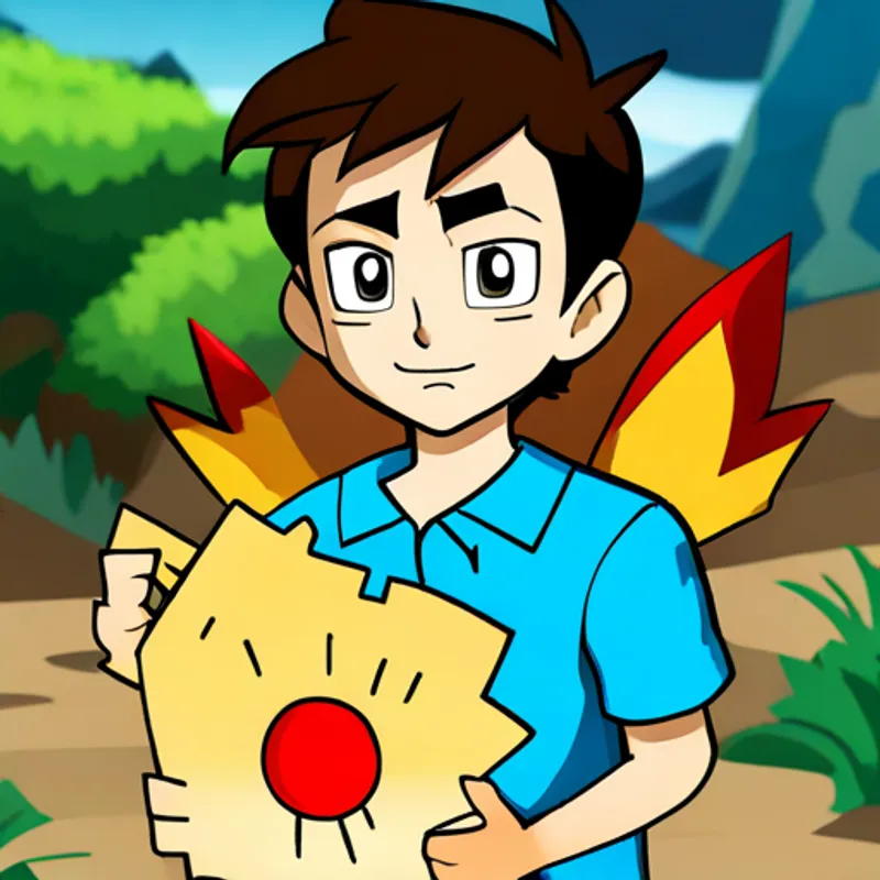 Happy boy with brown hair and blue shirt and Fiery red and white Pokémon with a determined expression holding a treasure map