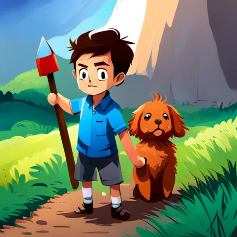 Happy boy with brown hair and blue shirt, Fiery red and white Pokémon with a determined expression, and Adorable dog with brown fur and red collar digging with shovels