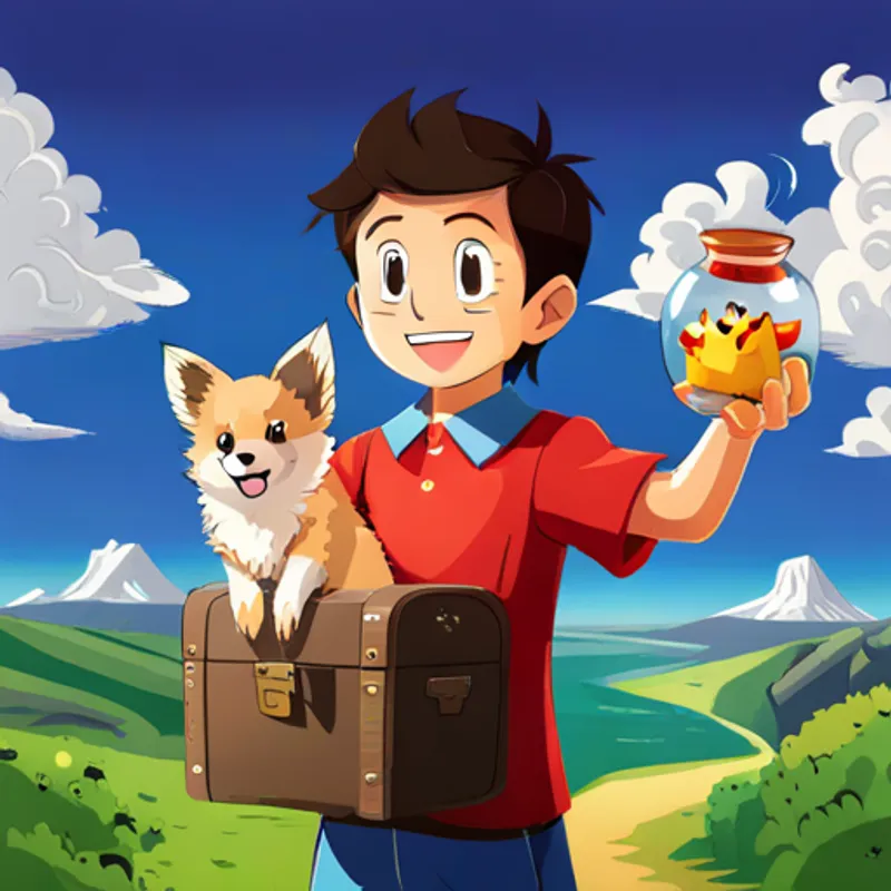 Happy boy with brown hair and blue shirt, Fiery red and white Pokémon with a determined expression, and Adorable dog with brown fur and red collar cheering with a treasure chest