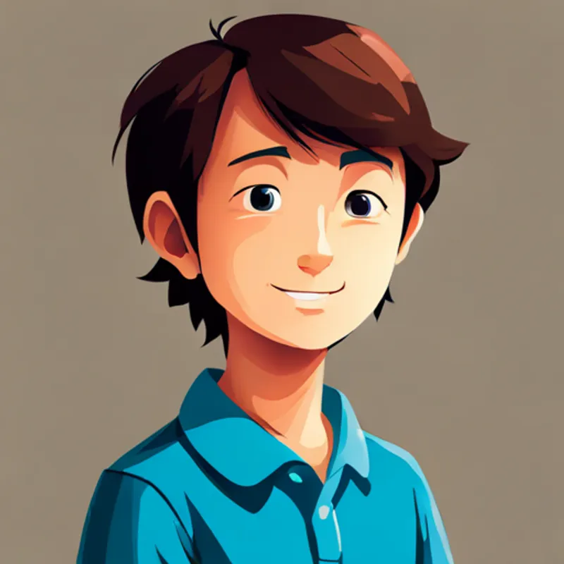 Happy boy with brown hair and blue shirt standing tall with a proud smile
