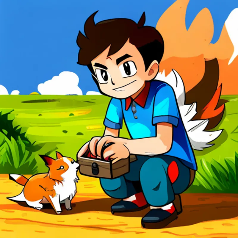 Happy boy with brown hair and blue shirt, Fiery red and white Pokémon with a determined expression, and Adorable dog with brown fur and red collar finding treasure in the chest