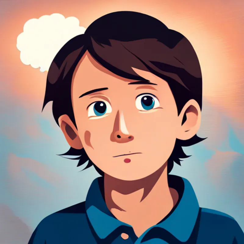 Happy boy with brown hair and blue shirt looking determined with a thought bubble of his future adventures