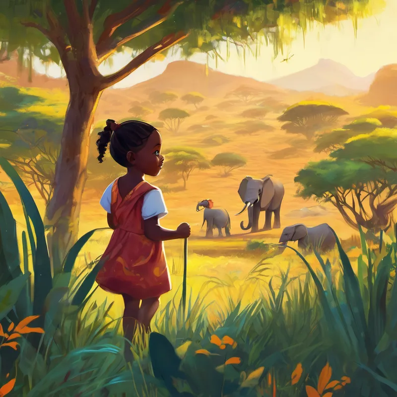 Once upon a time, in a vibrant village in Kenya, there lived a 22-month-old girl named Wendo. She was a curious and adventurous little girl, always eager to explore and learn about the world around her. One sunny morning, as Wendo was playing in her family's backyard, she noticed a colorful bird flying overhead. She followed the bird with her eyes and watched as it disappeared into the thick trees in the distance.
Intrigued, Wendo decided to follow the bird and see where it was going. She set off on her journey, stepping carefully on the dusty path that led into the heart of the African savannah. As Wendo made her way through the tall grass, she could hear the distant calls of wild animals and feel the warmth of the sun on her little face.
Soon, Wendo stumbled upon a group of friendly animals. There was a graceful giraffe with its long neck reaching for the juicy leaves high in the trees. Nearby, a family of elephants strolled by, their trunks swinging gently from side to side. Wendo couldn't believe her eyes!
'Hello!' Wendo greeted the animals with a smile. 'I'm Wendo, and I'm on a magical journey to discover the wonders of my homeland.'