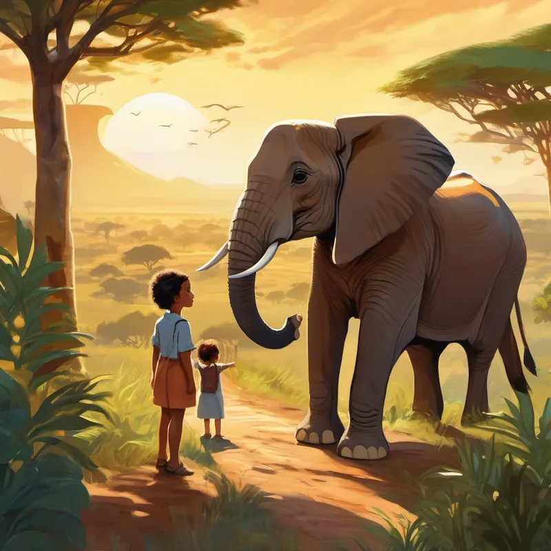 The animals looked at Wendo with kind eyes and welcomed her to their world. They told her stories about the vast plains of the savannah, the beautiful rivers, and the diverse wildlife that lived there.
'Did you know,' the wise giraffe said, 'that we are the tallest animals in the world? We use our long necks to reach the leaves high up in the trees, just like you reach for the sky in your dreams.'
'And we, the elephants,' added a kind mother elephant, 'are known for our strong family bonds. We take care of each other and protect our young ones, just as your family takes care of you.'
Wendo listened intently to the animals' stories and learned so much about her homeland. She was grateful for their wisdom and excited to continue her journey.