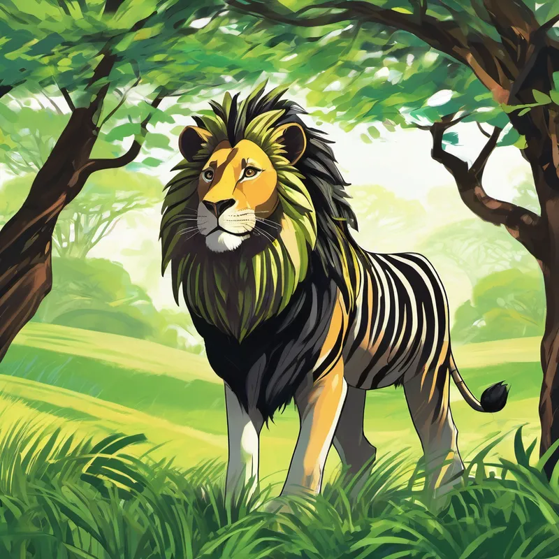 As Wendo continued walking, she came across a playful zebra prancing around. Its black and white stripes stood out against the green grass. The zebra invited Wendo to join in its dance, and they both laughed and twirled around, creating a beautiful display of joy and happiness.
Further along her journey, Wendo encountered a majestic lion resting under a shady tree. The lion, known as the king of the savannah, looked at Wendo with a gentle gaze.
'You have a brave heart, little one,' the lion said. 'Remember, courage doesn't always mean being fearless. It means facing your fears and moving forward anyway.'
Feeling inspired, Wendo thanked the lion for his wise words and continued her magical journey.