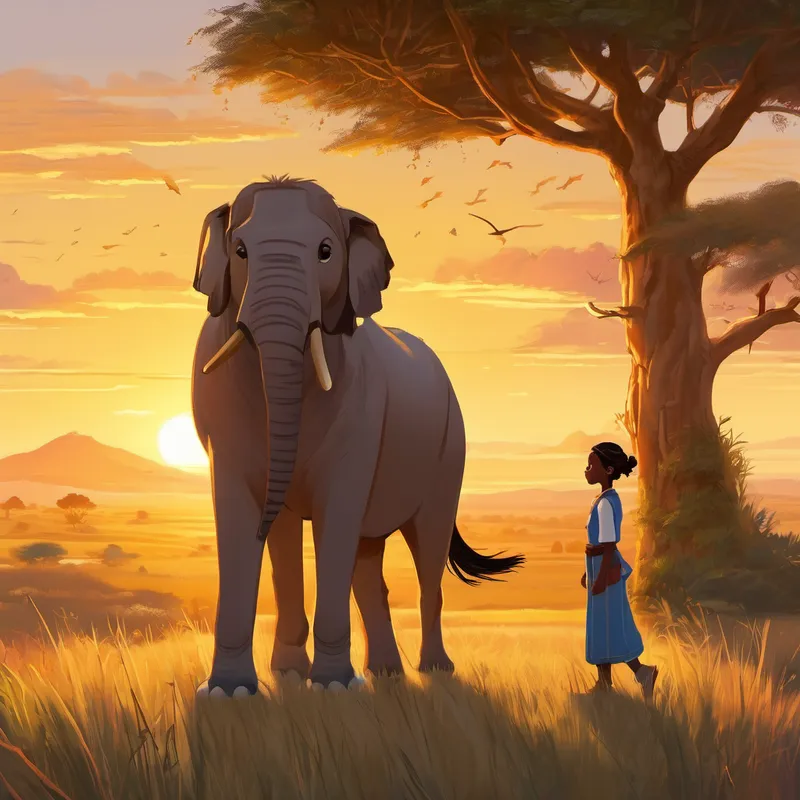 As the sun began to set, casting a golden glow across the savannah, Wendo knew it was time to return home. She bid farewell to the animals and expressed her gratitude for their friendship and guidance. With a heart full of love and memories, Wendo walked back towards her village, cherishing every moment of her magical journey.
When Wendo returned home, she couldn't wait to share her adventure with her family. Their faces lit up as she recounted the stories she had heard and the lessons she had learned.
From that day forward, Wendo continued to explore and discover the wonders of her homeland, embracing the lessons of courage, family, and unity that she had learned from the friendly animals of the savannah.