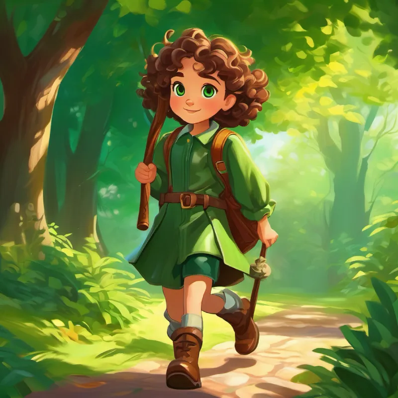 8 years old  girl, curly brown hair, bright green eyes, worn leather boots, carrying a wooden staff, adventurous clothing, amidst sun-dappled emerald foliage.