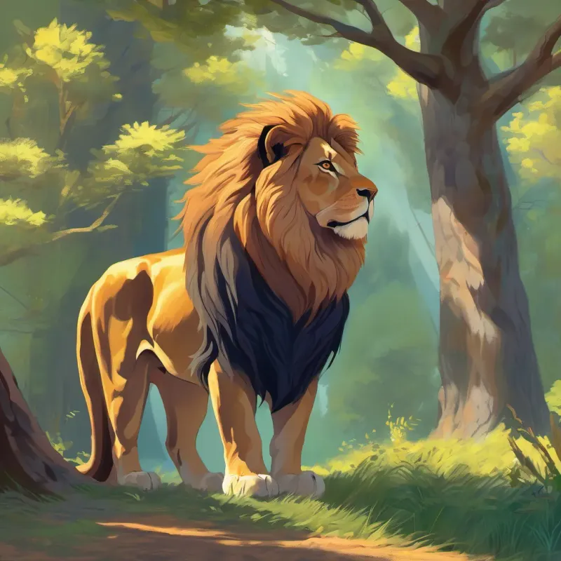 A majestic lion with a grand mane, leaning on a tree in a tall and grand forest.