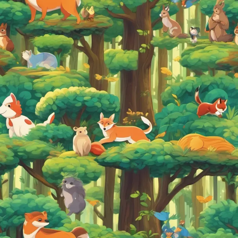 A vibrant forest scene with animals of all kinds celebrating unity and happiness.