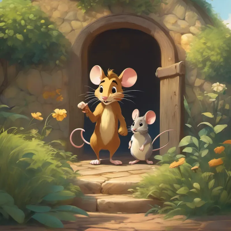 A cheerful mouse talking to the old lion, both looking curious and slightly happier.
