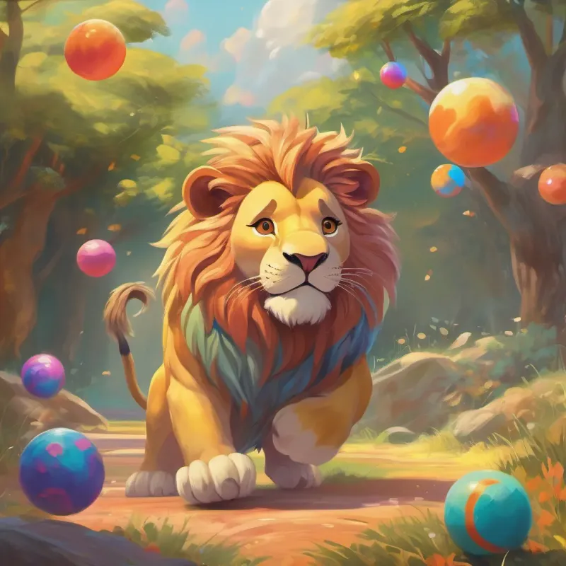 Lion and mouse playing with a colorful ball, the scene full of energy and joy.