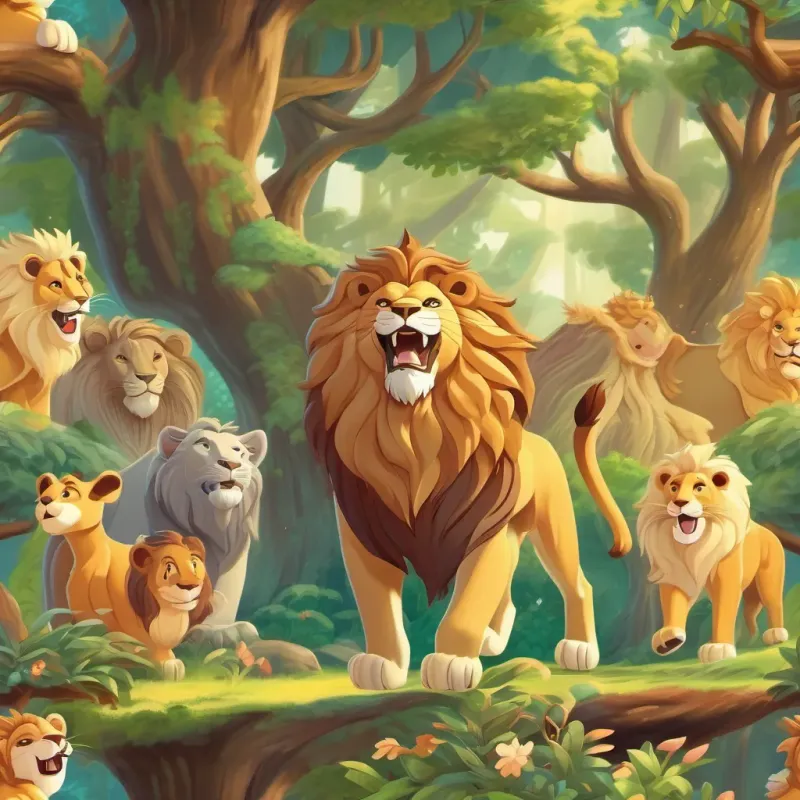 The lion roaring with joy, animals dancing around, and trees swaying in harmony.