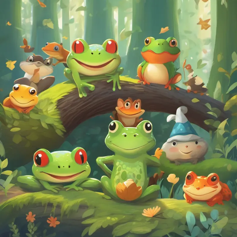 A frog cheering from a log, surrounded by celebrating forest animals.