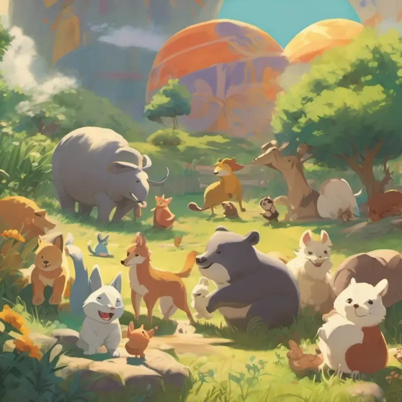 Animals playing together under the sun, full of laughter and exuberance.