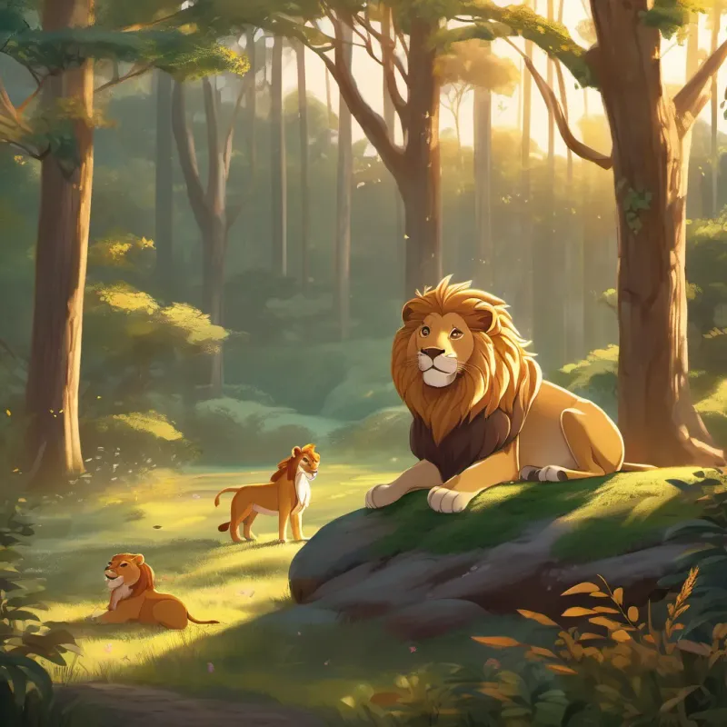 The sun setting, casting a golden hue over the forest where A majestic lion with a grand mane showing gradual transformation from sad to ecstatic and A cheerful mouse with a mischievous grin, full of life and energy share a heartfelt moment.