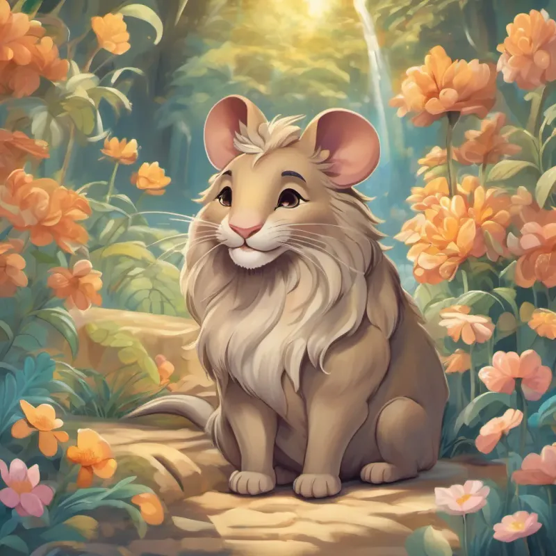 A cheerful mouse with a mischievous grin, full of life and energy smiling and winking at A majestic lion with a grand mane showing gradual transformation from sad to ecstatic, showcasing a strong bond of friendship.