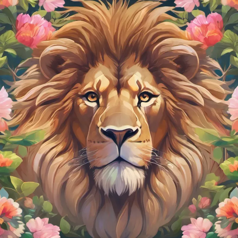 A majestic lion with a grand mane showing gradual transformation from sad to ecstatic roaring once again, the forest in full bloom with a sense of new beginnings.