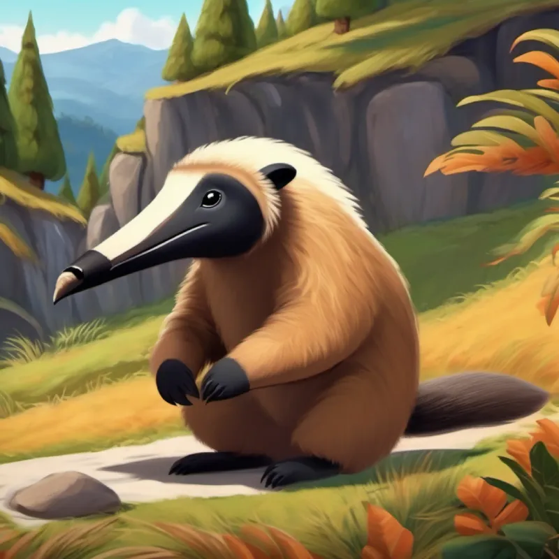 Friendly anteater, brown fur, small black eyes, adventurous spirit's home near a hill, introducing the character and setting.