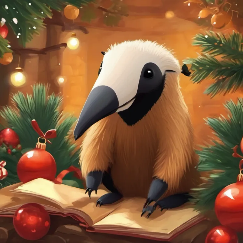 Friendly anteater, brown fur, small black eyes, adventurous spirit's ant friends working, showcasing their industrious nature.