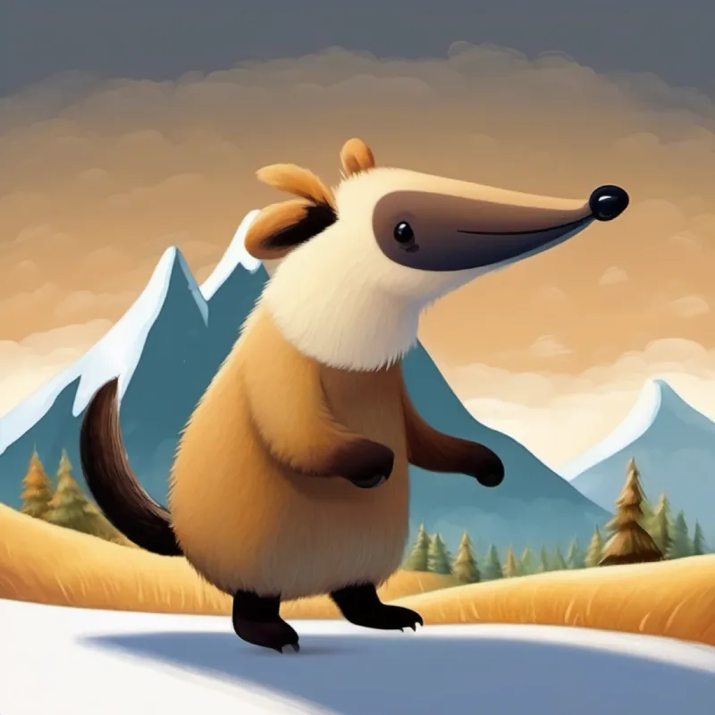 Friendly anteater, brown fur, small black eyes, adventurous spirit descends the hill, reflecting on his adventure happily.