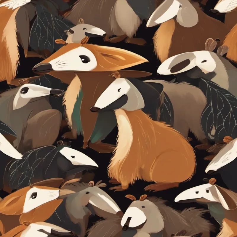 Tiny, hardworking insects, black, move in a group, industrious greet Friendly anteater, brown fur, small black eyes, adventurous spirit, praising his bravery after the adventure.