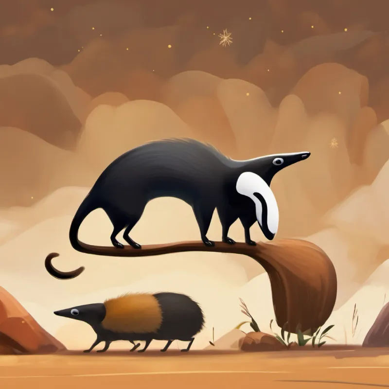 Tiny, hardworking insects, black, move in a group, industrious caution Friendly anteater, brown fur, small black eyes, adventurous spirit, he shows bravery in wanting to climb.